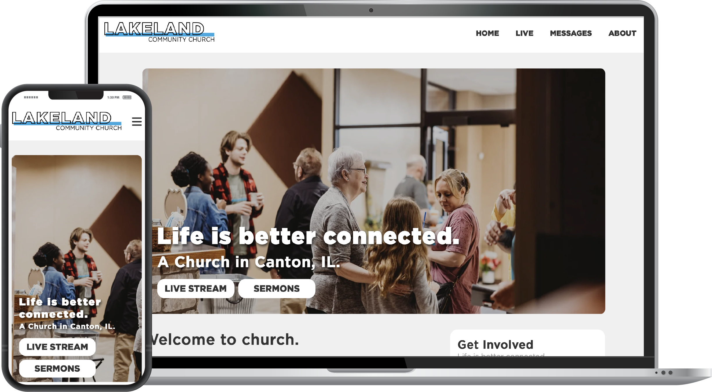 A photo of Lakeland Community Church's website on a laptop screen