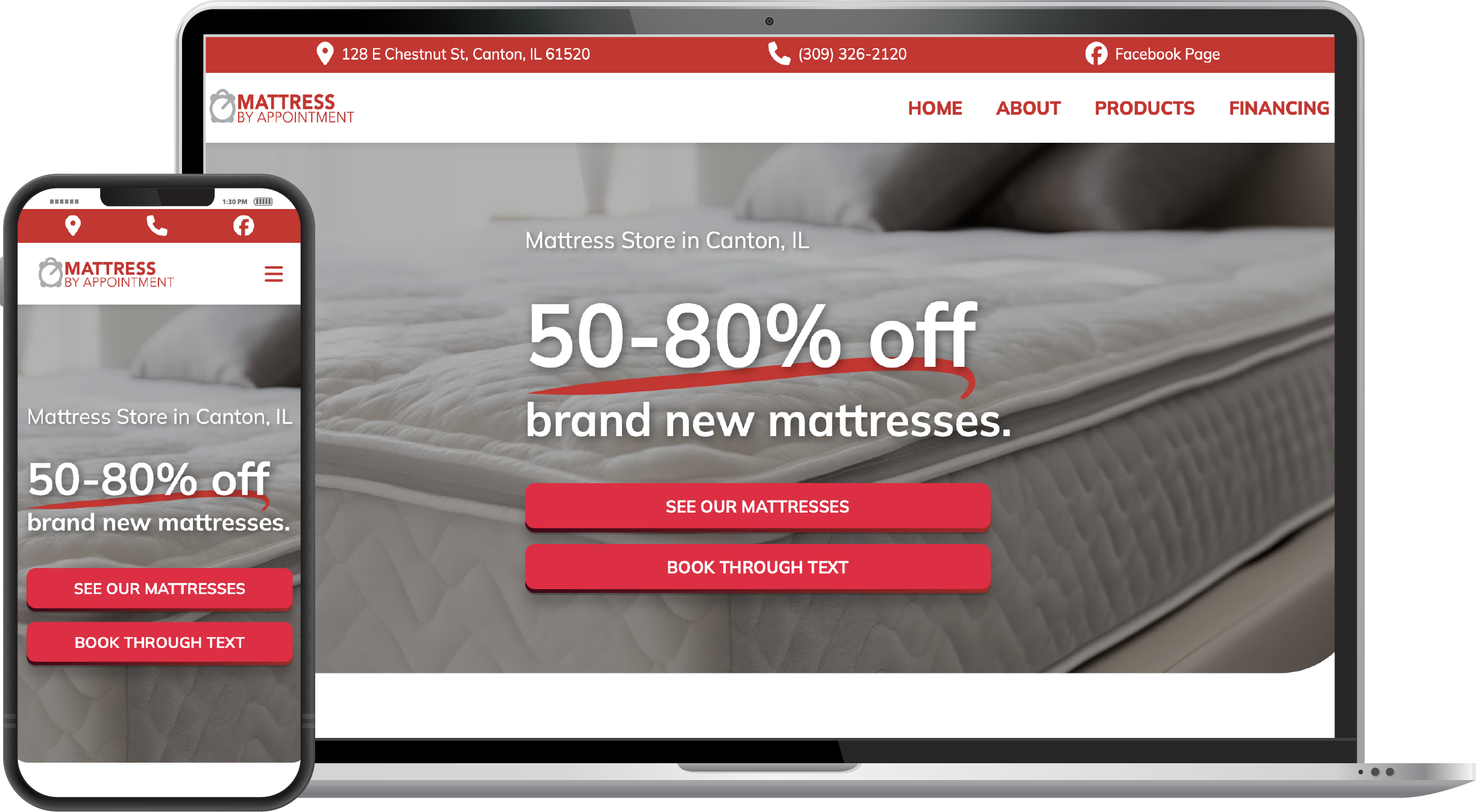 A photo of Mattress by Appointment Canton's website on a laptop screen